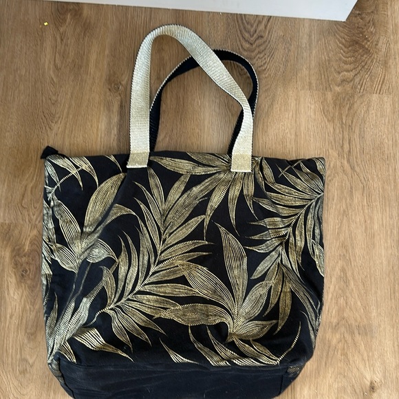 Beach Tote Bag Travel Resort ACCESSORIZE LONDON Black Gold Palm Leaf Canvas - Picture 7 of 14